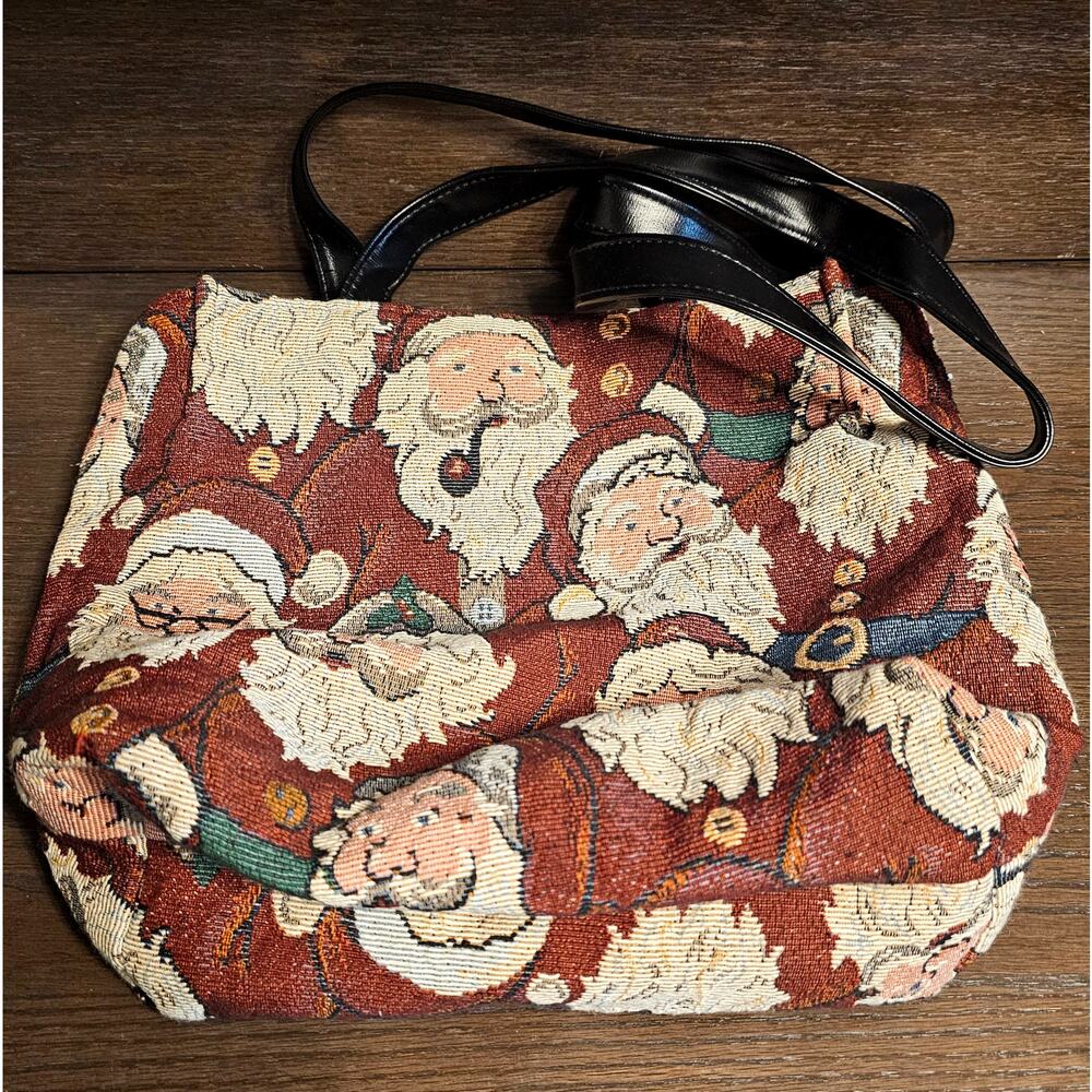 Vintage Tapestry Christmas Santa Handbag Shoulder Tote Purse  12"x12"x4"